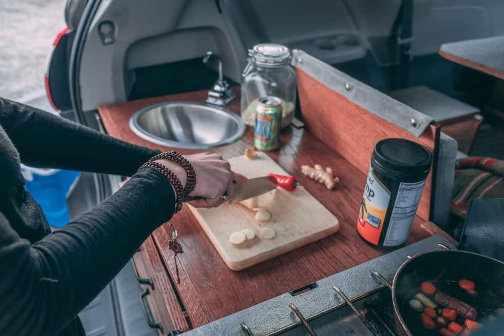 The Toyota Sienna camper's kitchen