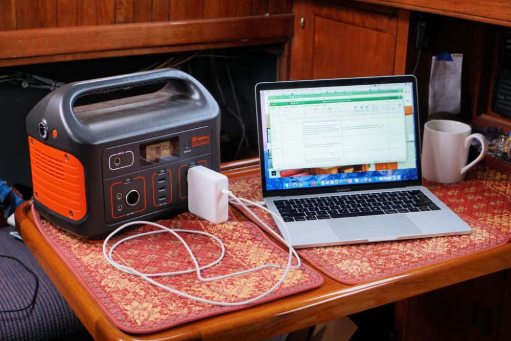 The Jackery Explorer 500 charging a laptop on a sailboat