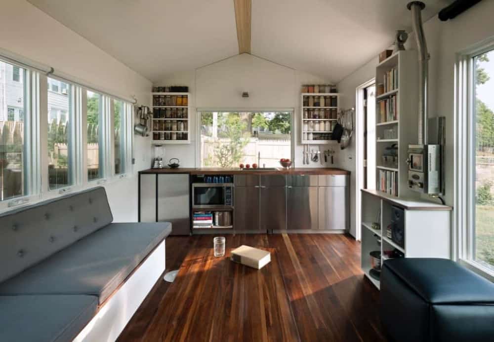 The interior of a wide load built on a tiny house trailer.