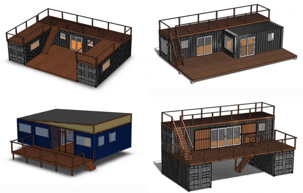4 digital renderings of possible container home configurations by Backcountry containers custom container home builders.