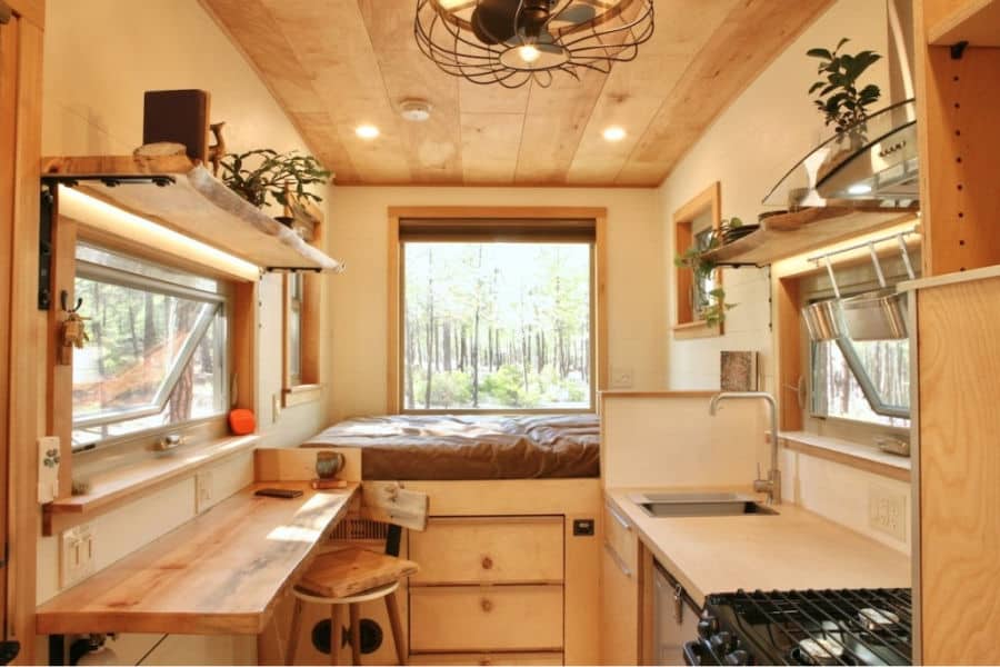 The interior of the McKenzie off grid tiny house on wheels