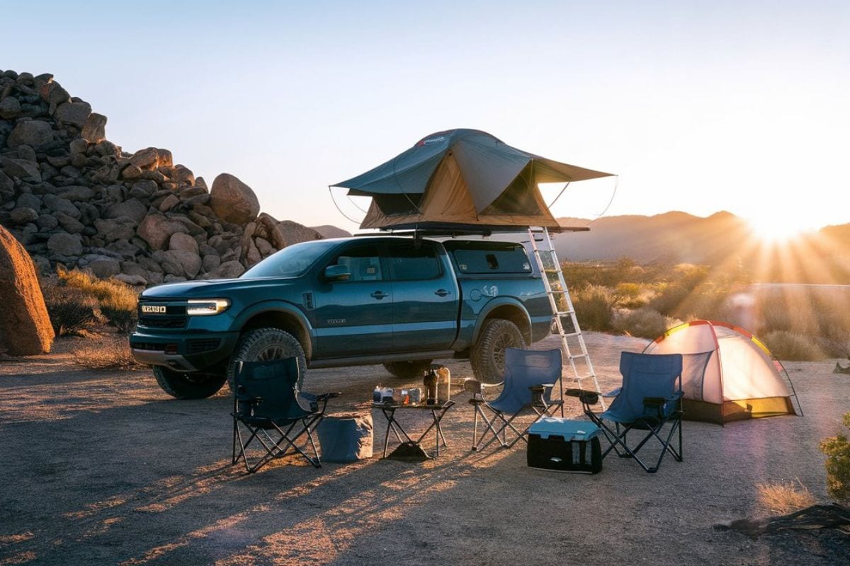 truck camping at sunset