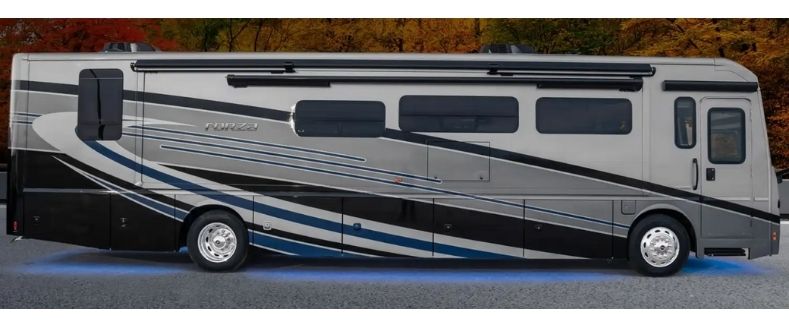 Winnebago Forza Class A motorhome with bunks exterior view with grey blue and black design