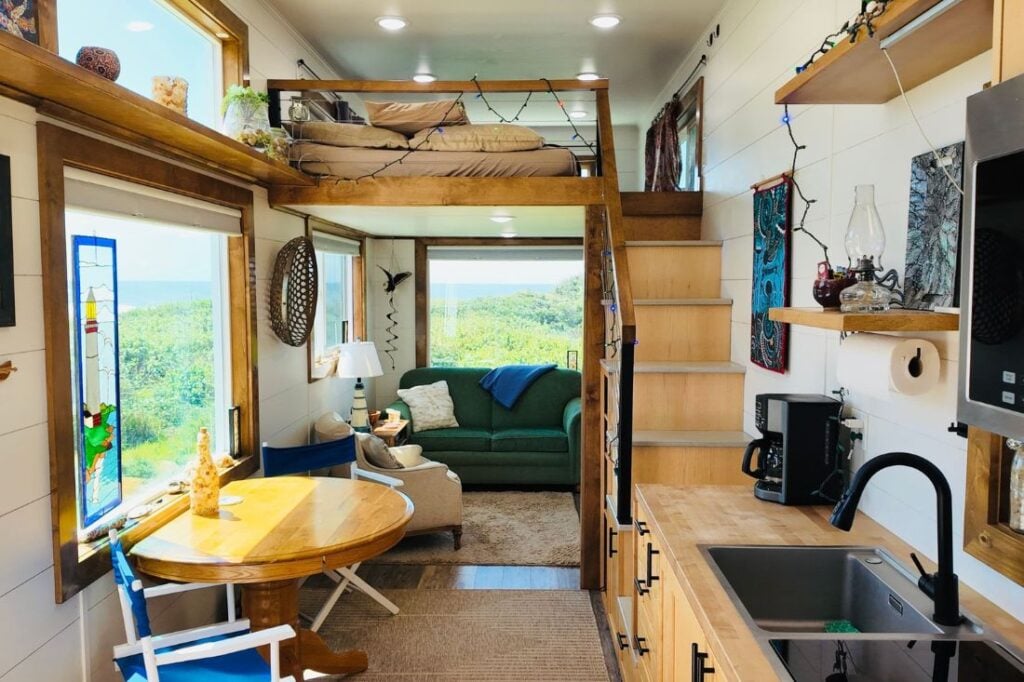 tiny home kitchen and stairs to bedroom