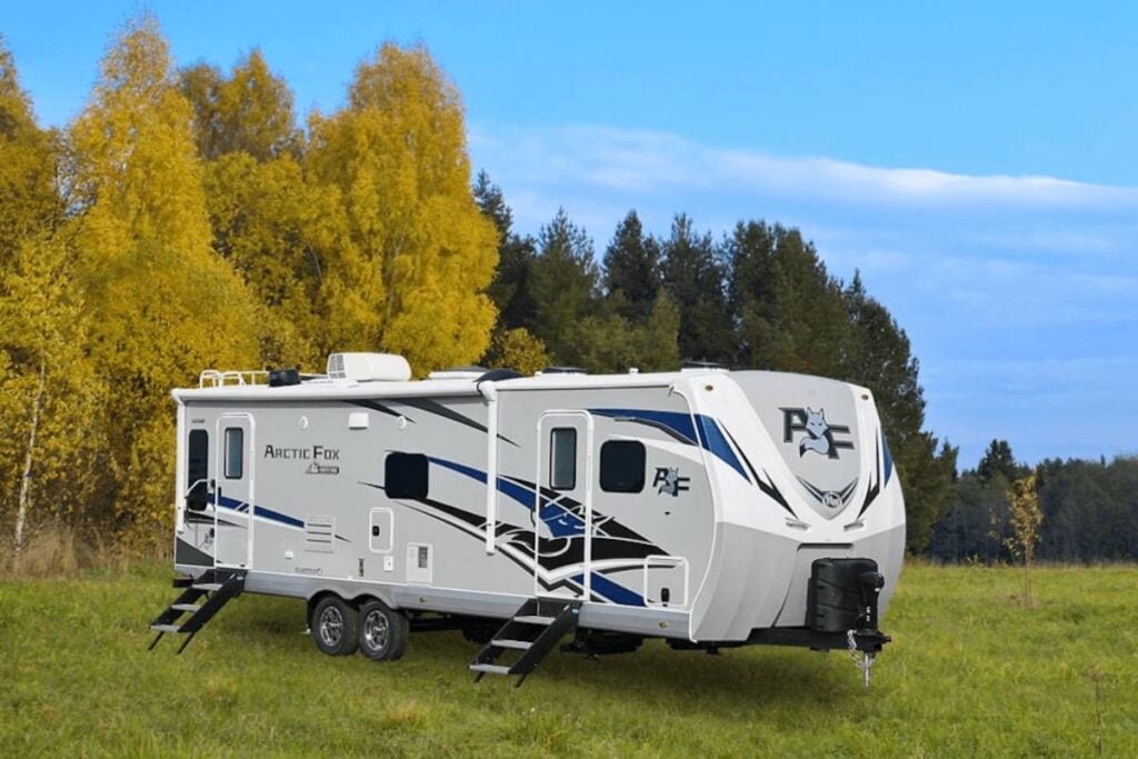 4 season travel trailer parked outdoors