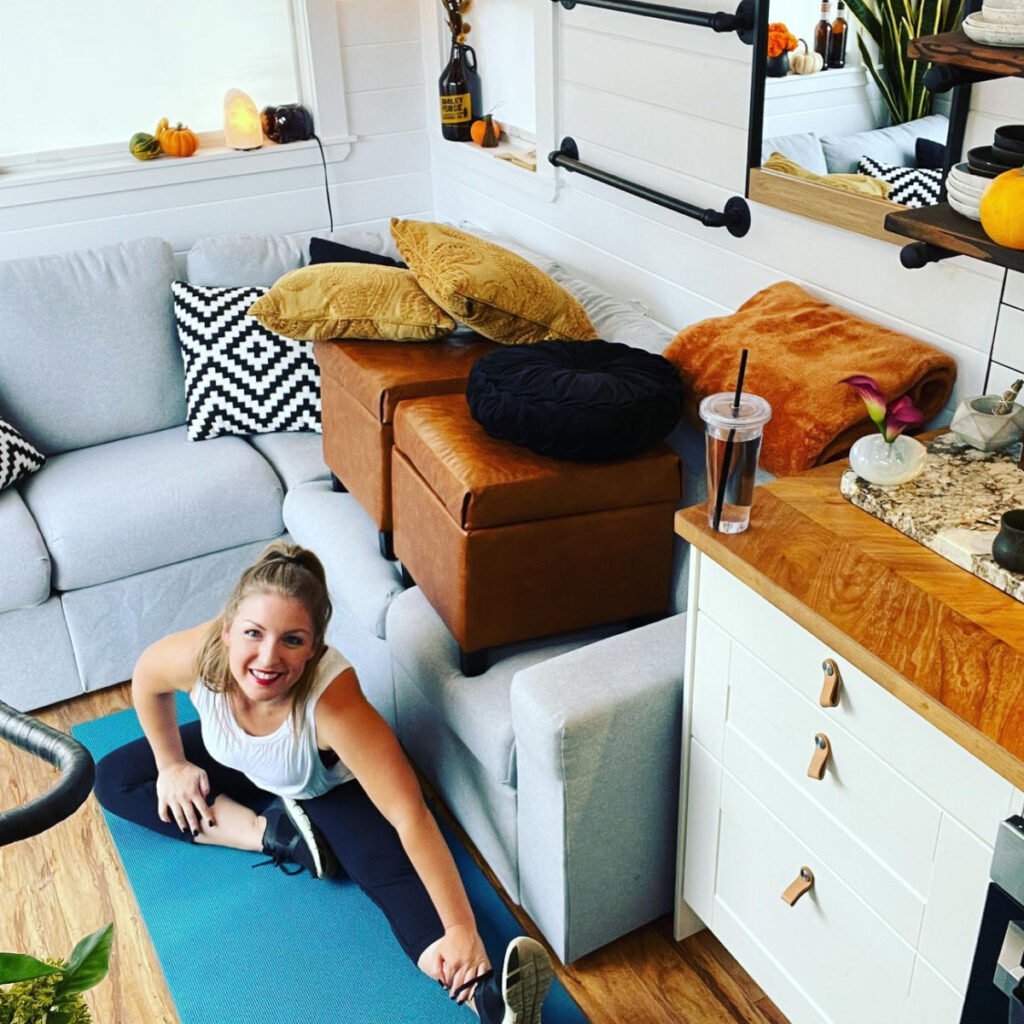 Rubik's cube-ing in action with a woman exercising on a mat