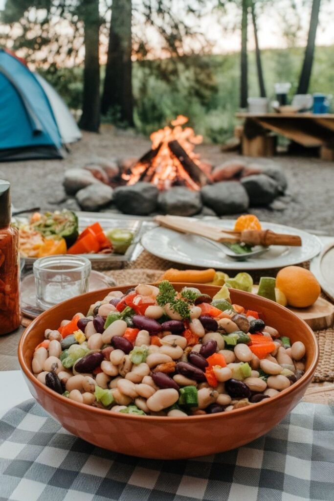 bean salad in a bowl near a campfire