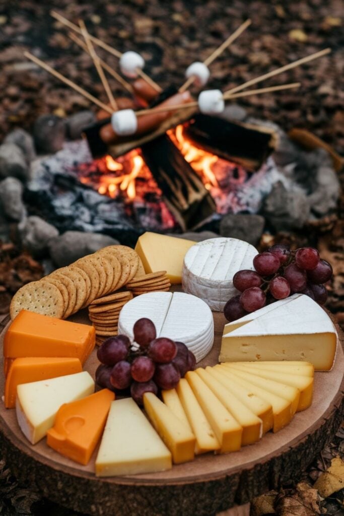 charcuterie board and a campfire