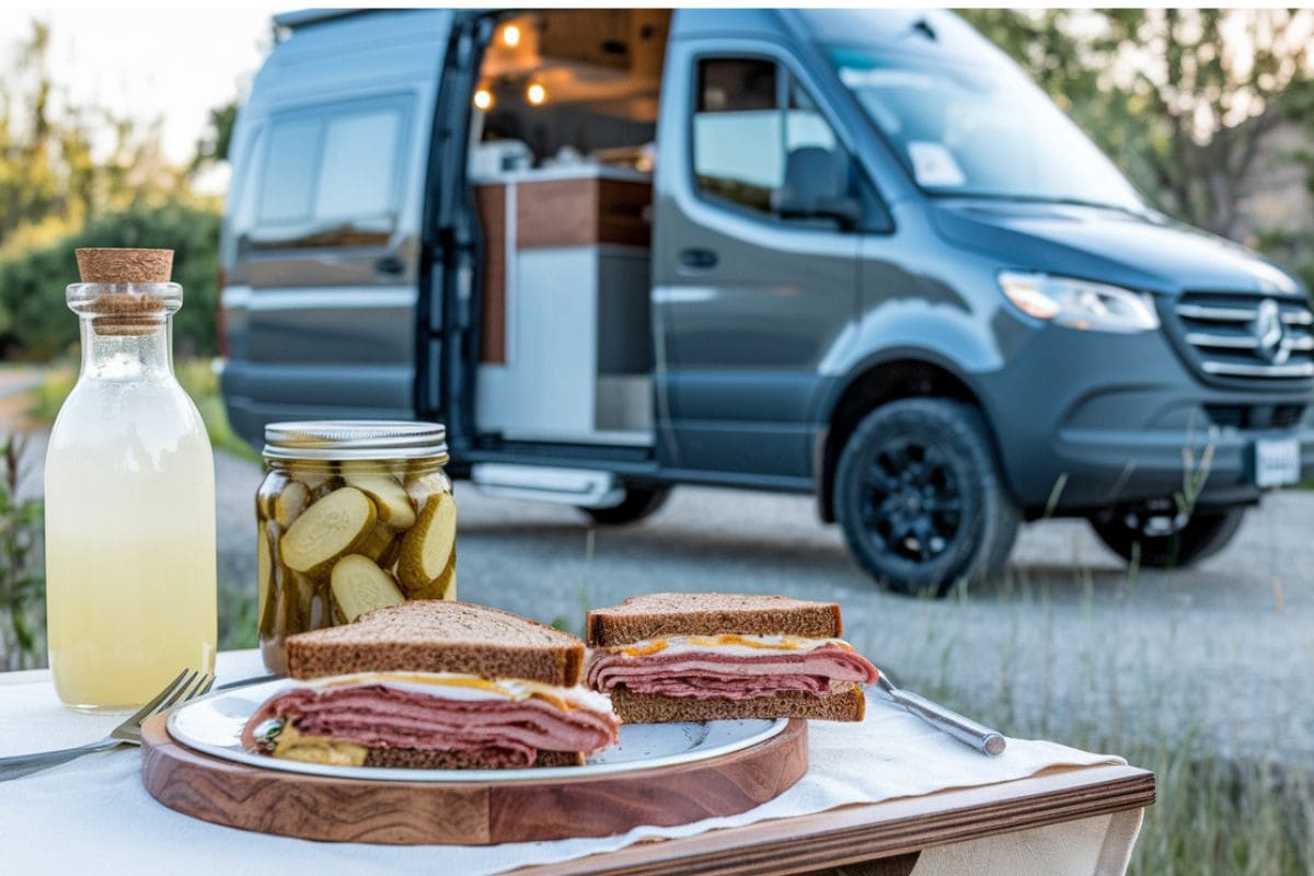 a sandwich in front of a campervan representing an easy no cook camping meal