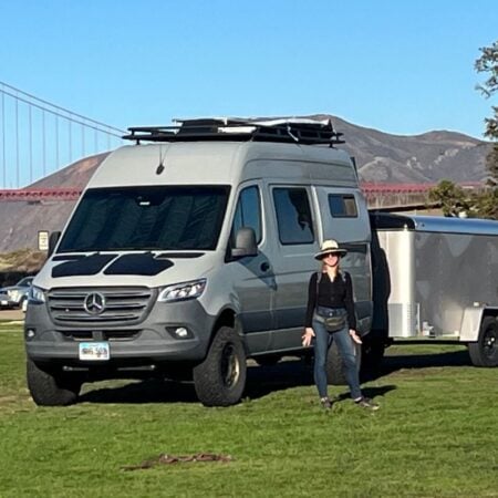woman standing in front of campervan in San Francisco