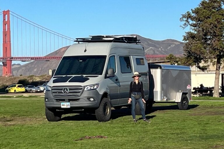 woman standing in front of campervan in San Francisco
