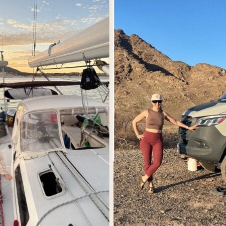 split screen of woman standing next to a boat and a van