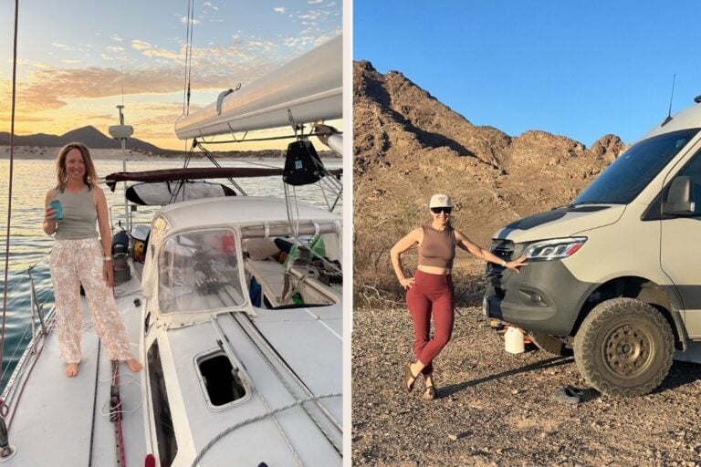 split screen of woman standing next to a boat and a van