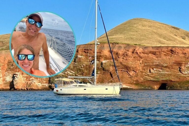 sailboat at anchor with inset of two cruisers