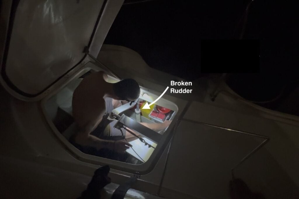 broken rudder in a catamaran