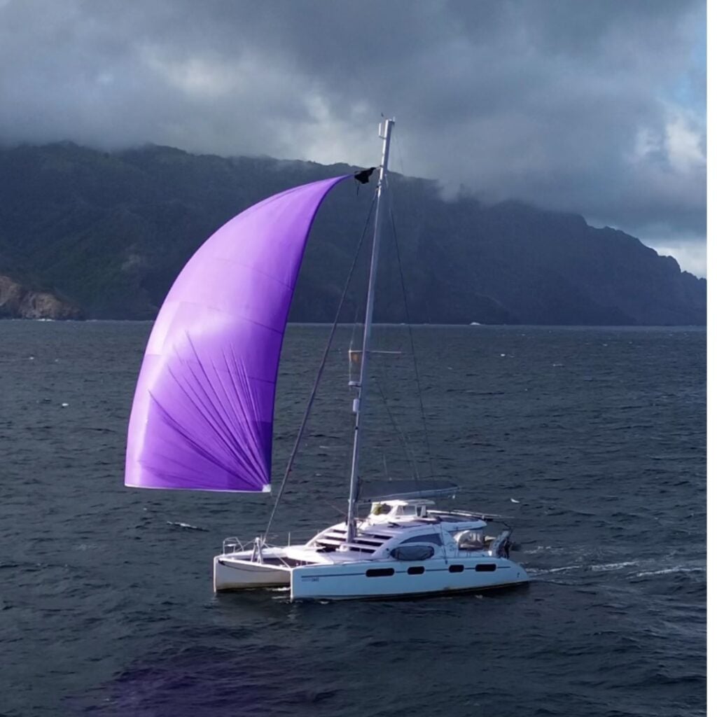 catamaran sailing with purple spinnaker
