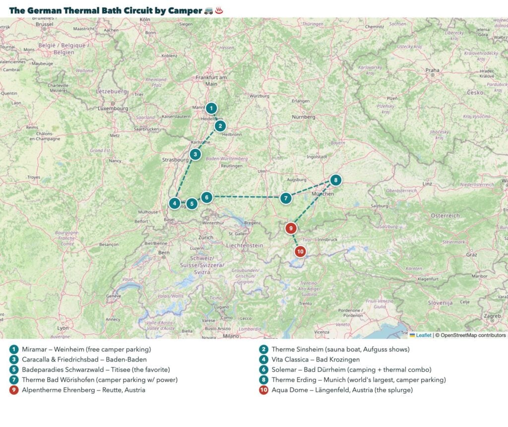 Route map of the German thermal bath circuit by camper, from the Black Forest through Bavaria into Austria