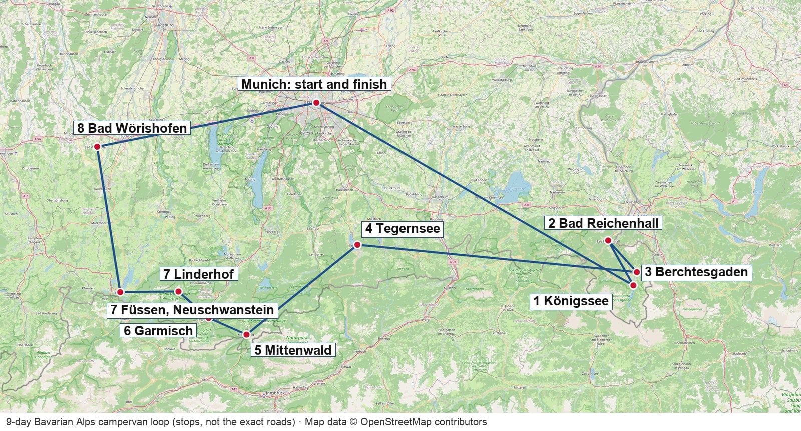 Route map of the nine-day Bavarian Alps campervan loop from Munich through Königssee, Berchtesgaden, Tegernsee, Mittenwald, Garmisch, Linderhof, Füssen and Bad Wörishofen