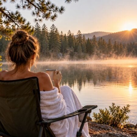 A woman wrapped in a white towel sits in a camp chair at a misty lake at sunrise, seen from behind