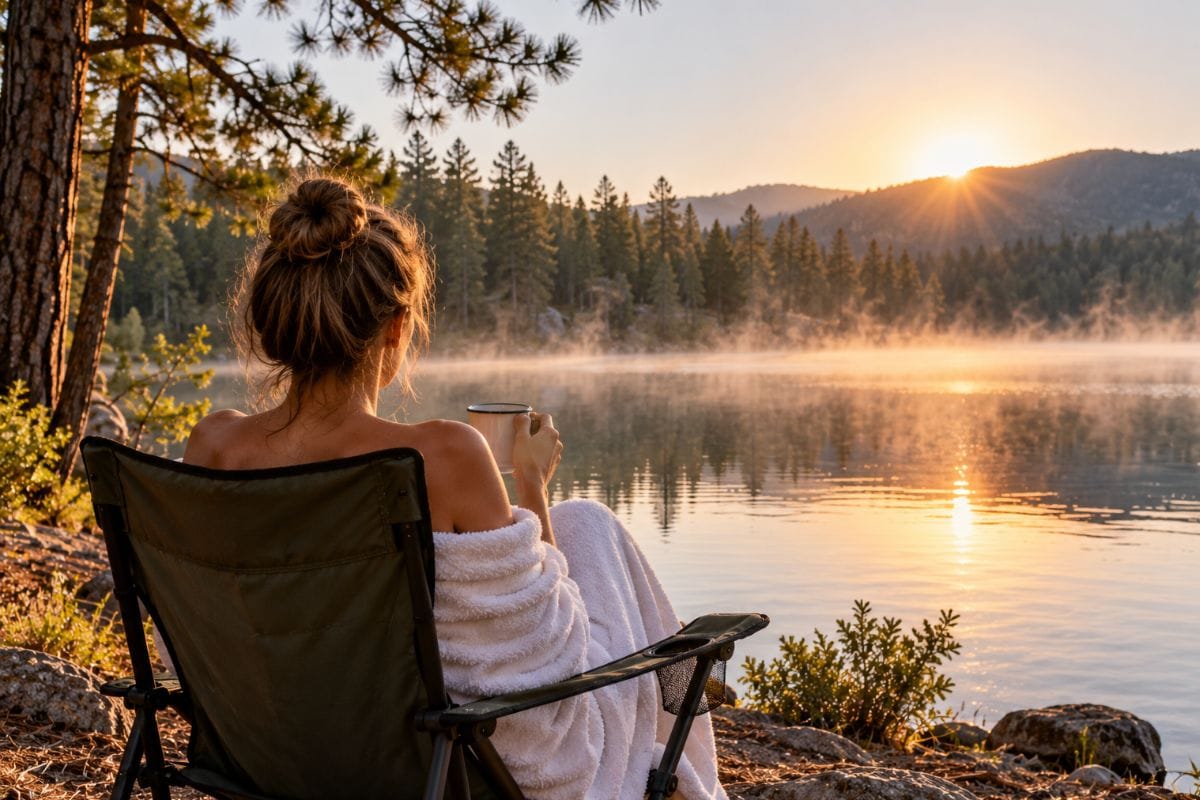 A woman wrapped in a white towel sits in a camp chair at a misty lake at sunrise, seen from behind