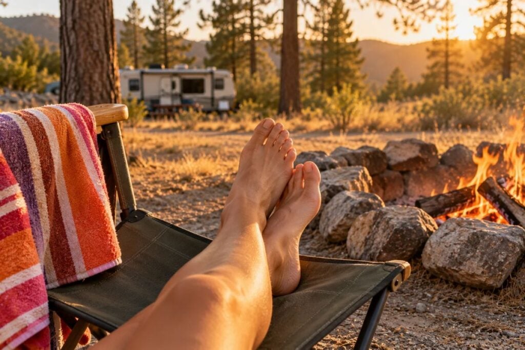 Bare feet crossed on a camp chair beside a stone fire ring, a striped towel over the armrest