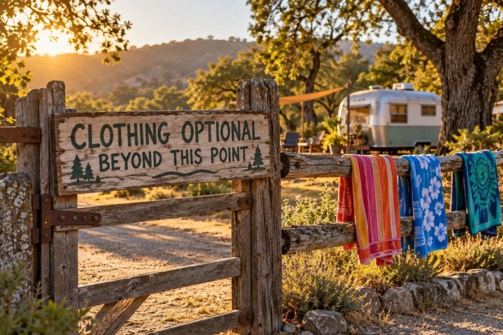 A wooden Clothing Optional Beyond This Point sign on a ranch gate, beach towels drying on the fence, a vintage trailer behind