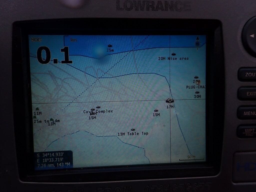 A boat's depth sounder display showing depth and position