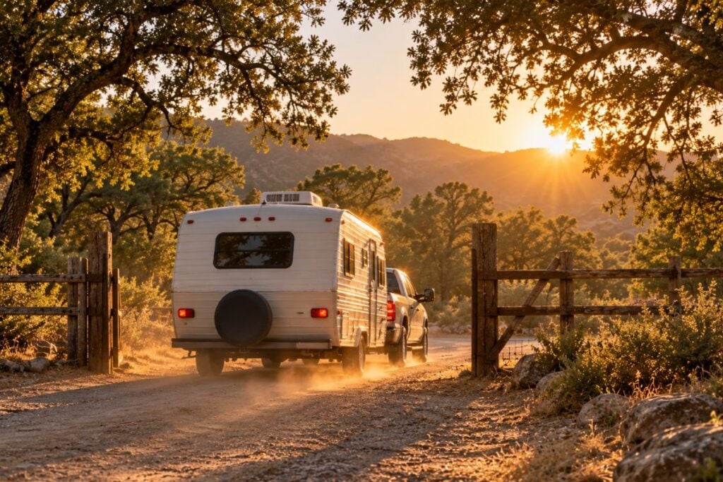 A pickup towing a travel trailer pulls up to a rustic wooden campground gate at golden hour