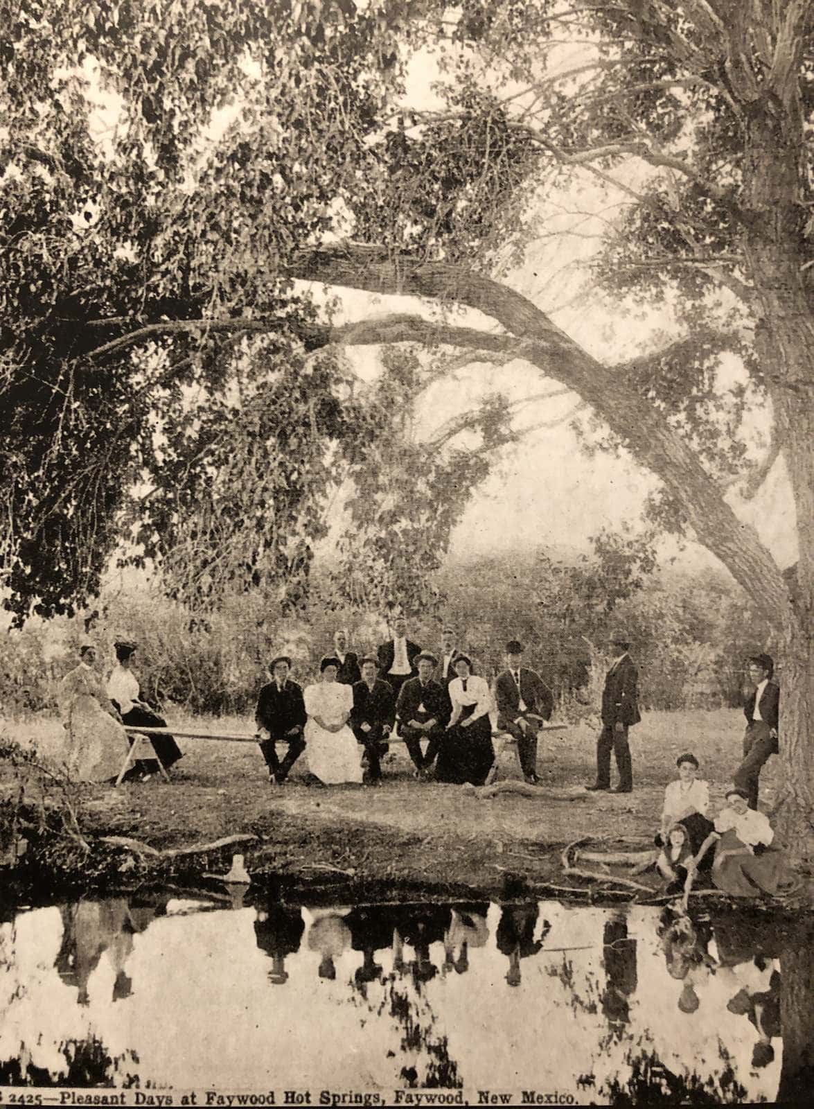 1915 historical photo: picnic party by the pond under cottonwoods, Faywood Hot Springs