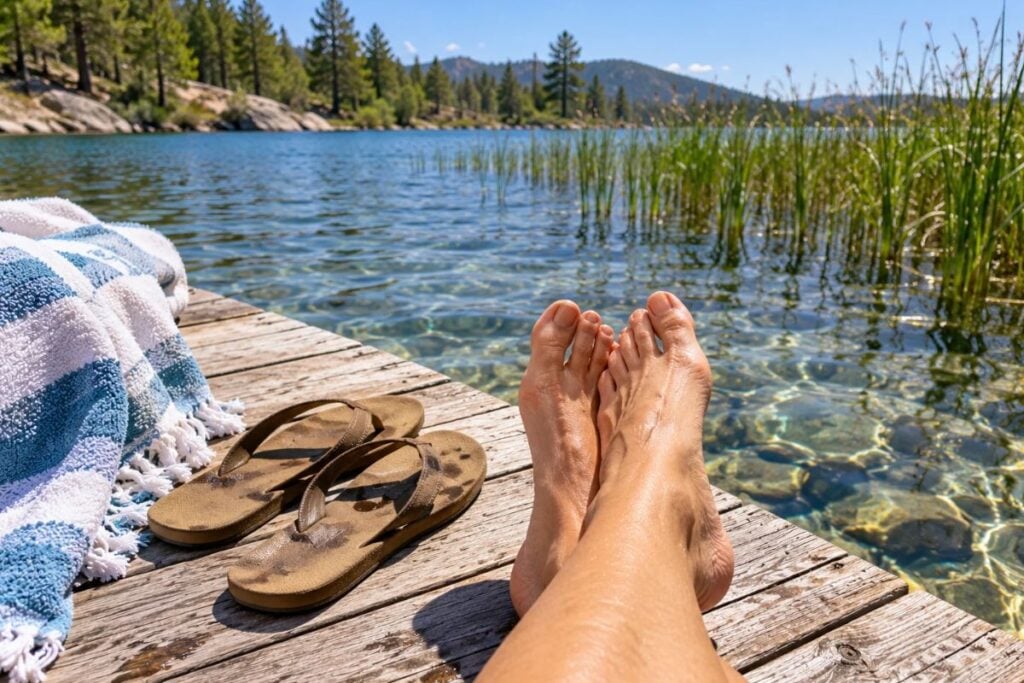 Bare feet on a wooden dock at a clear lake, with flip-flops and a striped towel beside them