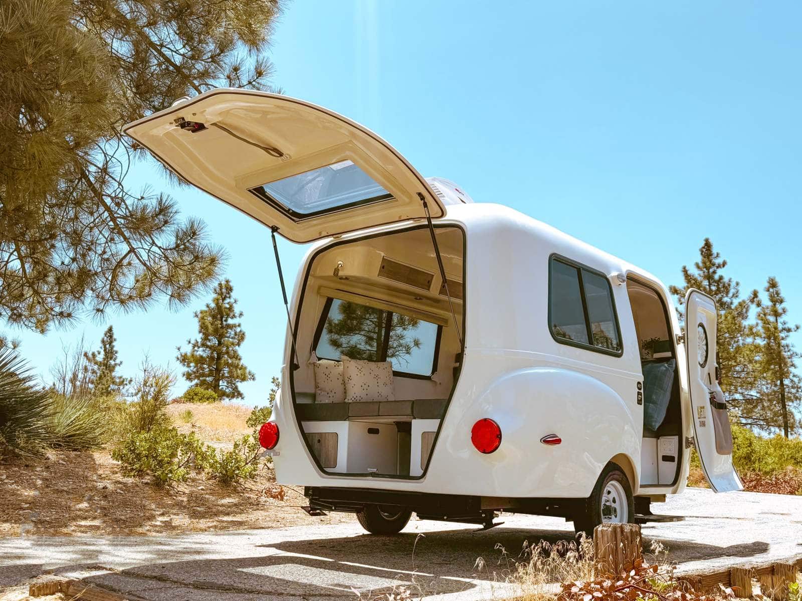 Happier Camper HC1 with the rear hatch open at a campsite