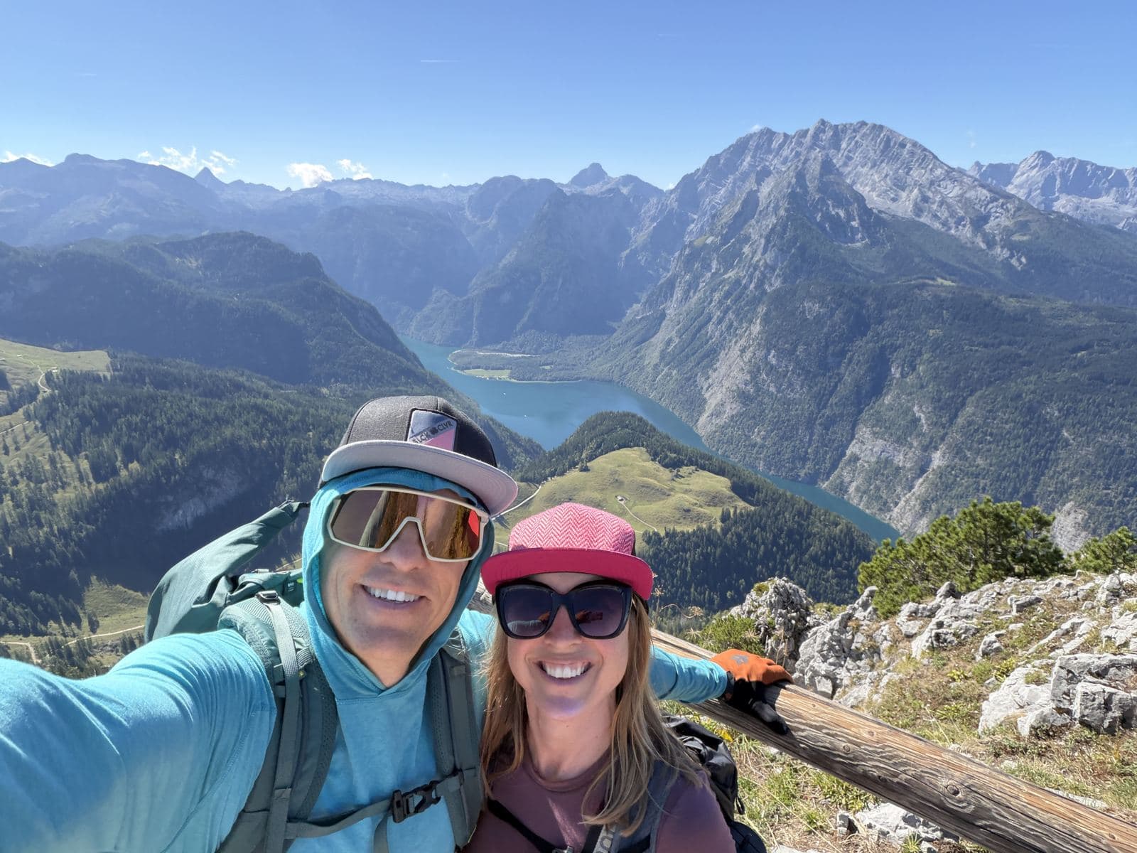 Kristin and Tom taking a selfie on the Jenner summit with the Königssee far below
