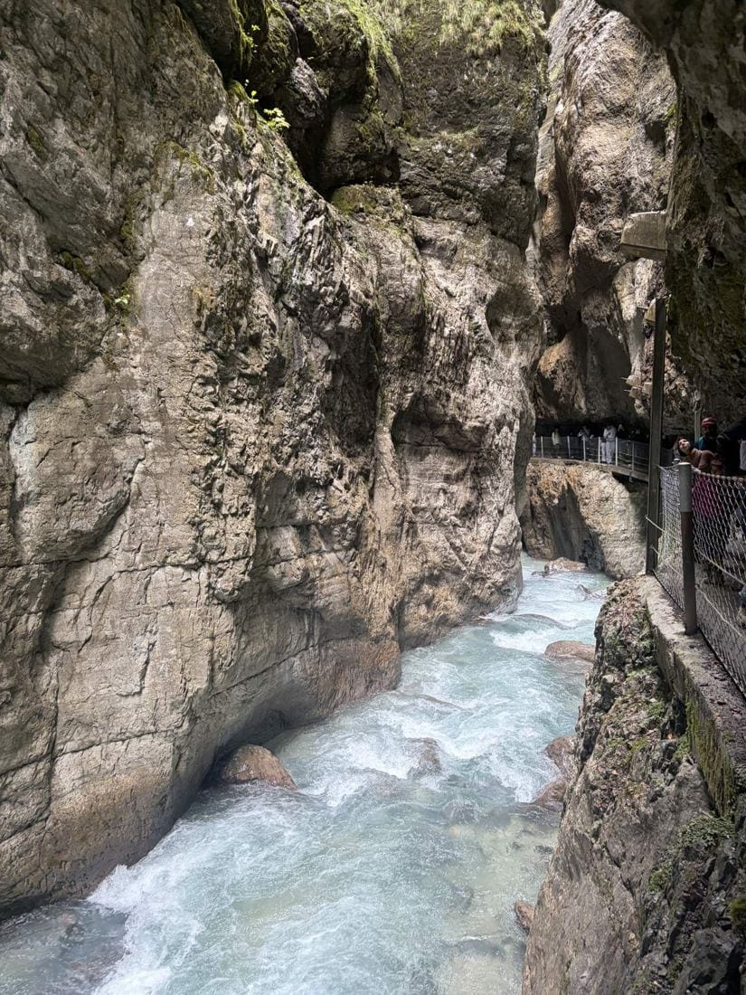 The narrow Partnach Gorge near Garmisch with the river rushing through rock walls