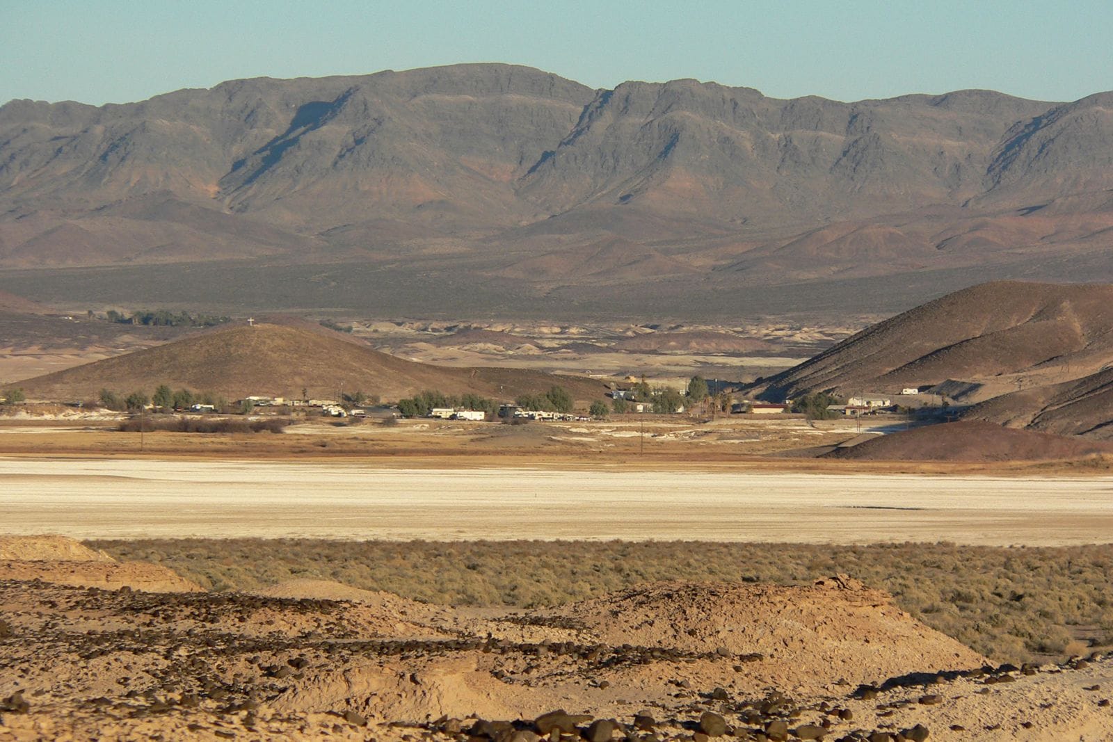 Distant view of the Tecopa Hot Springs settlement and playa from the west, Tecopa Hot Springs