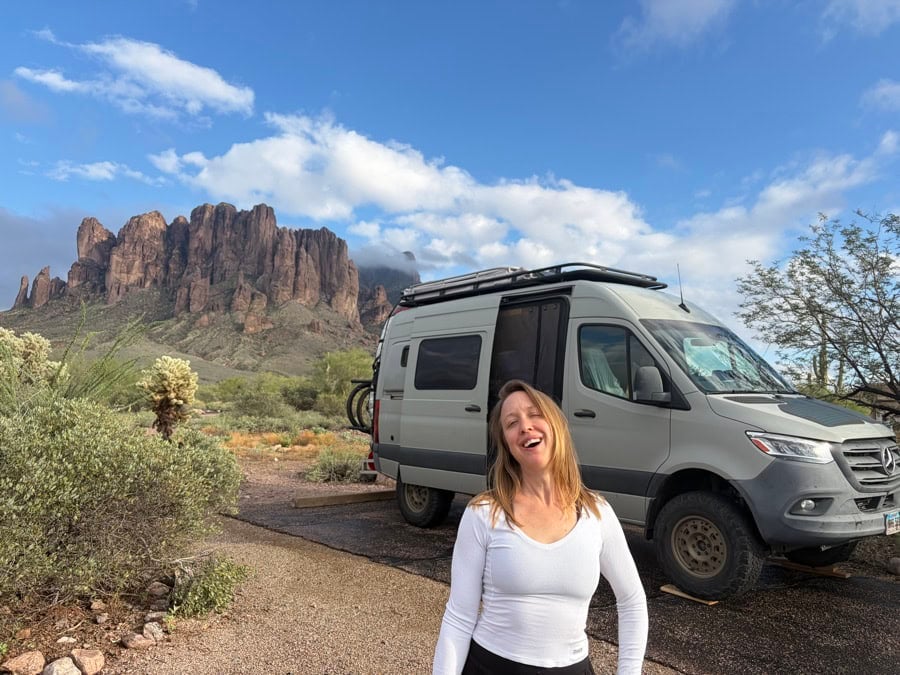Kristin with her campervan in the Superstition Mountains, Arizona