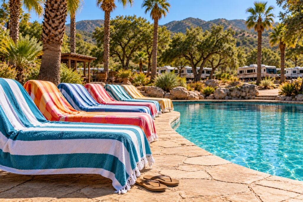 Lounge chairs draped with striped beach towels beside a pool at a campground with palm trees and RVs