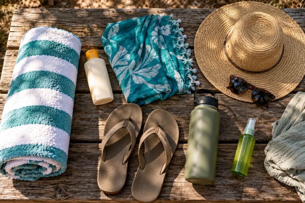 A packing flat-lay on a picnic table: towel, sunscreen, sarong, flip-flops, water bottle, bug spray and a sun hat